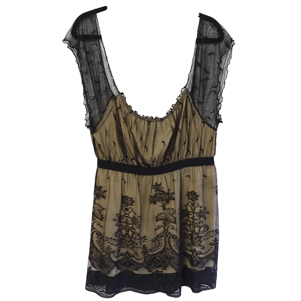 NWT VTG Y2K Deadstock Black Lace Sheer Mesh Babydoll Top Tunic‎ Fairy Grunge Lg
